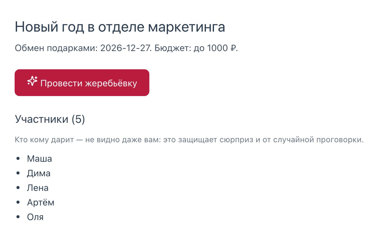 Комната Тайного Санты глазами организатора: список участников и кнопка «Провести жеребьёвку»