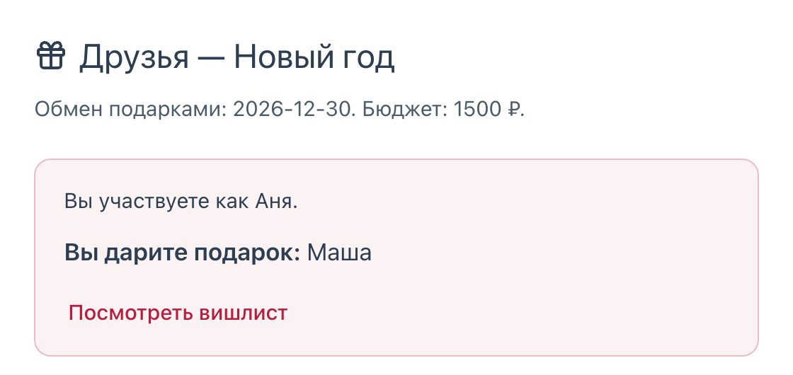 Результат жеребьёвки: кому участник дарит подарок и ссылка на вишлист подопечного